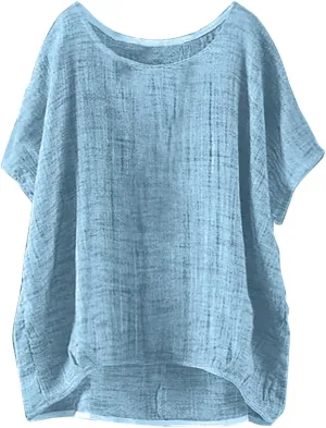 Cotton Linen T Shirts Women Summer Trendy Short Sleeve Round Neck Boxy Tops Comfy Casual Gauze Tops Vacation Blouses
