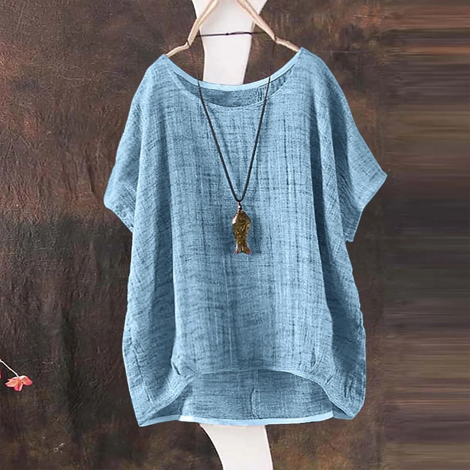 Cotton Linen T Shirts Women Summer Trendy Short Sleeve Round Neck Boxy Tops Comfy Casual Gauze Tops Vacation Blouses