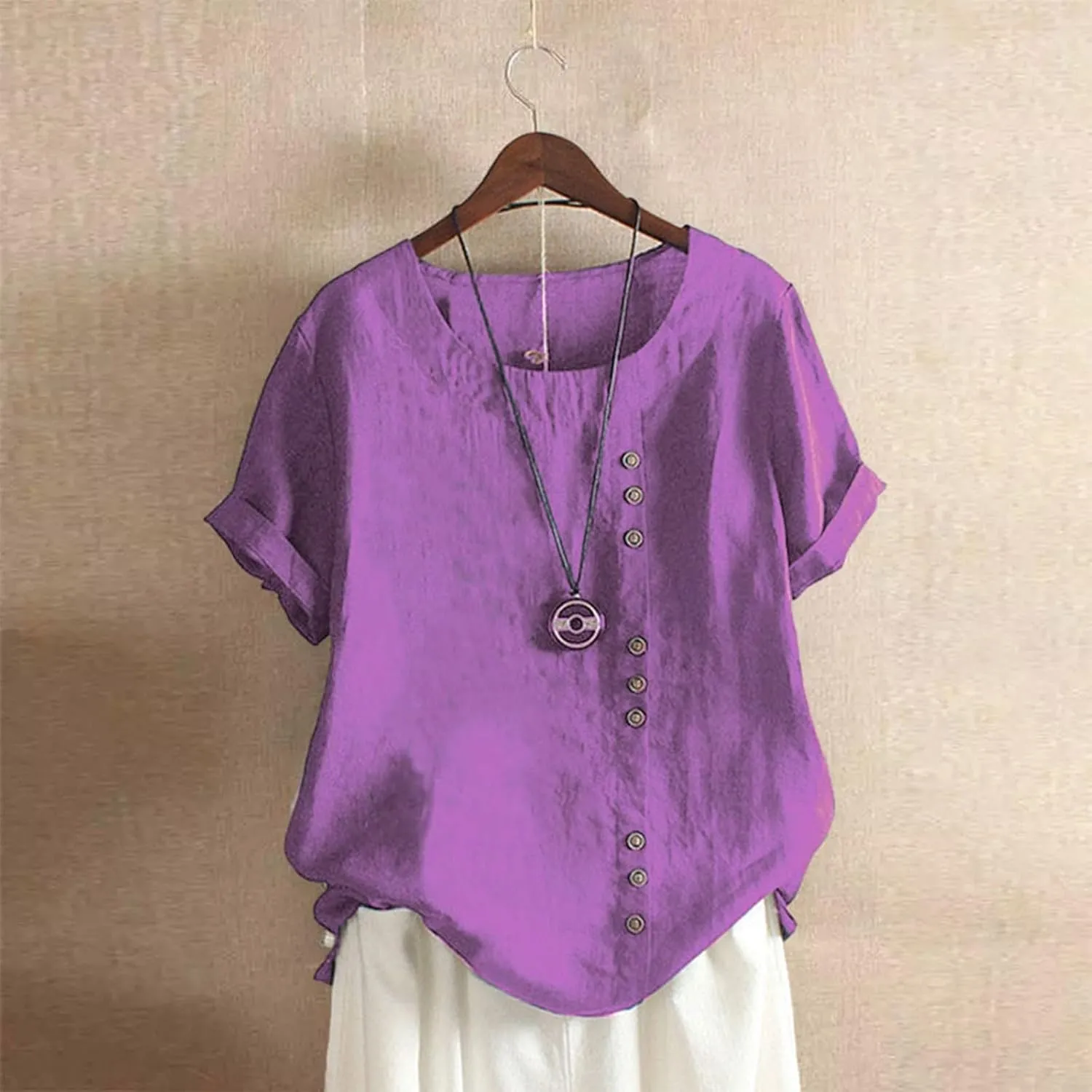 Cotton Linen Tops for Women 2025 Summer Casual Roll Up Short Sleeve T-Shirt Loose Fit Solid Color Tees Blouses