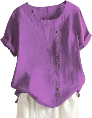 Cotton Linen Tops for Women 2025 Summer Casual Roll Up Short Sleeve T-Shirt Loose Fit Solid Color Tees Blouses