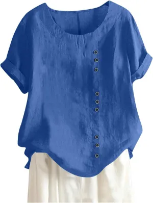Cotton Linen Tops for Women 2025 Summer Casual Roll Up Short Sleeve T-Shirt Loose Fit Solid Color Tees Blouses
