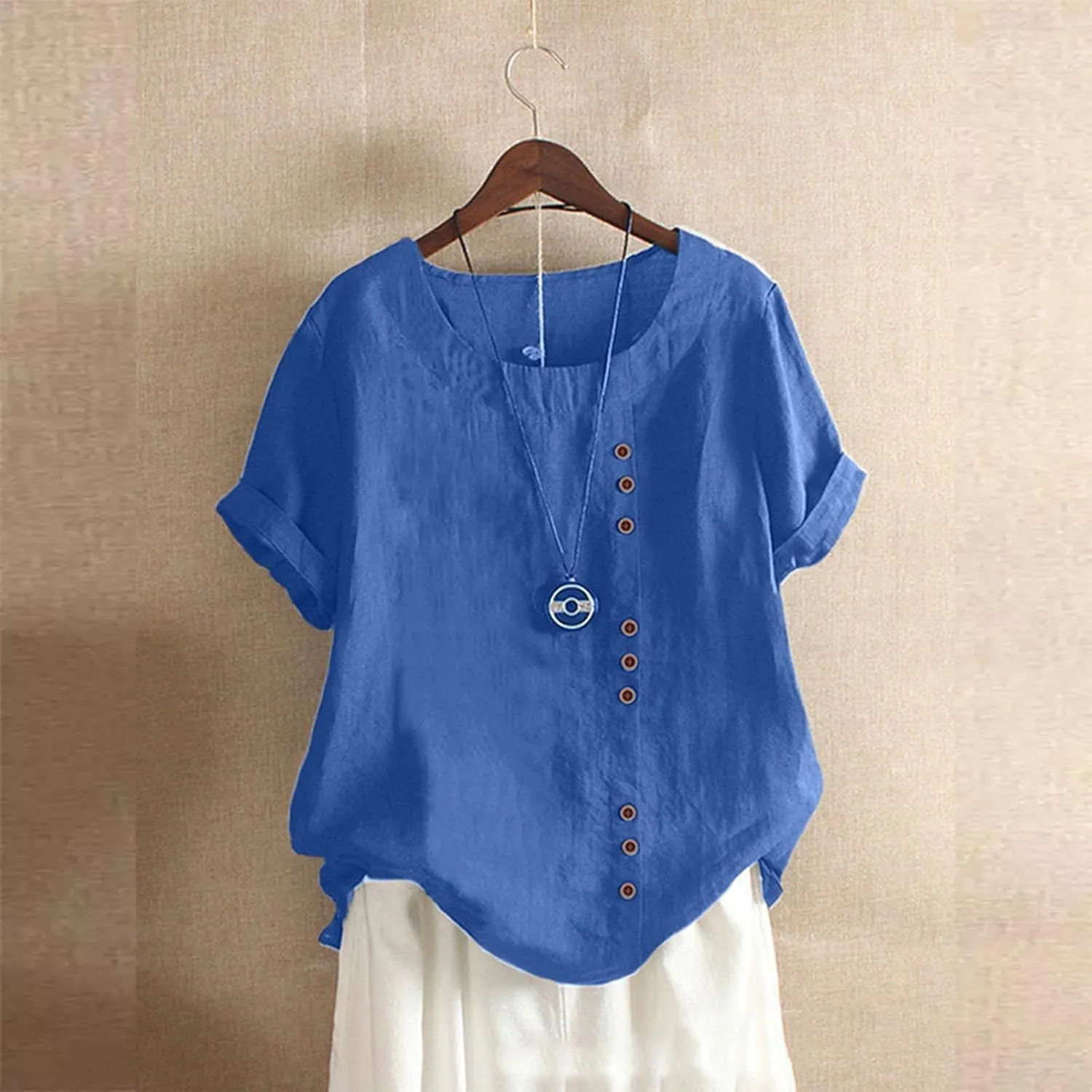 Cotton Linen Tops for Women 2025 Summer Casual Roll Up Short Sleeve T-Shirt Loose Fit Solid Color Tees Blouses