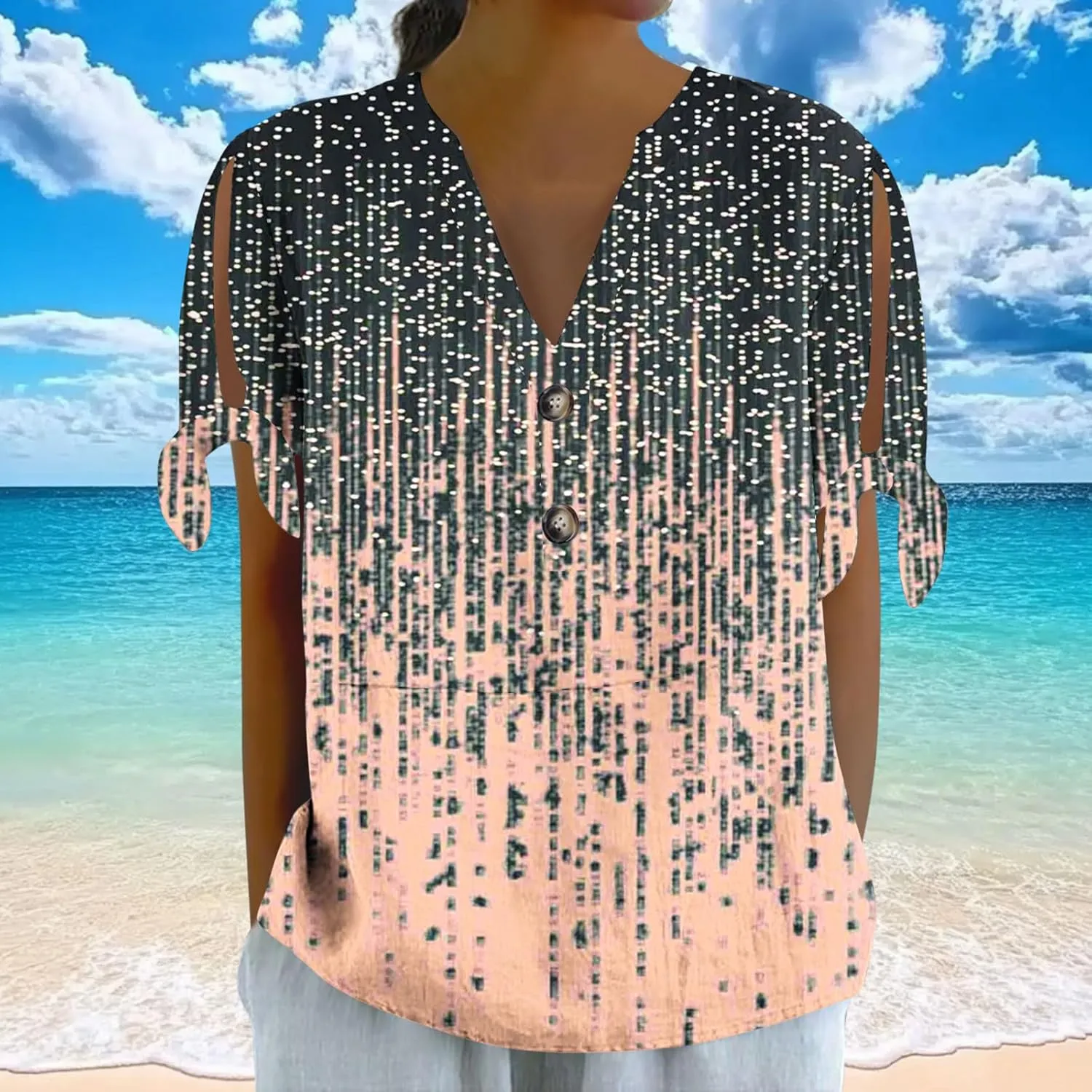 Cotton Linen Tops for Women 2025 Summer Henley V Neck Shirts Cutout Short Sleeve Tunic Gradient Floral Casual Tshirts