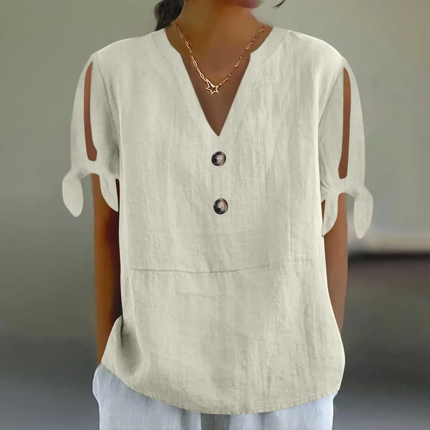 Cotton Linen Tops for Women 2025 Summer Henley V Neck Shirts Cutout Short Sleeve Tunic Gradient Floral Casual Tshirts