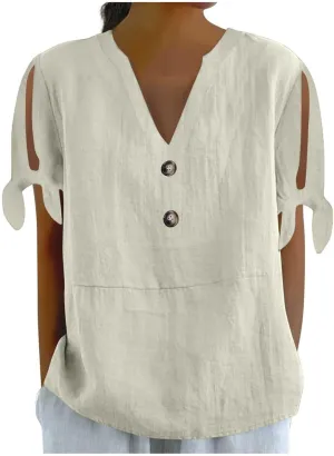 Cotton Linen Tops for Women 2025 Summer Henley V Neck Shirts Cutout Short Sleeve Tunic Gradient Floral Casual Tshirts