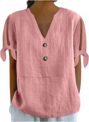 Cotton Linen Tops for Women 2025 Summer Henley V Neck Shirts Cutout Short Sleeve Tunic Gradient Floral Casual Tshirts