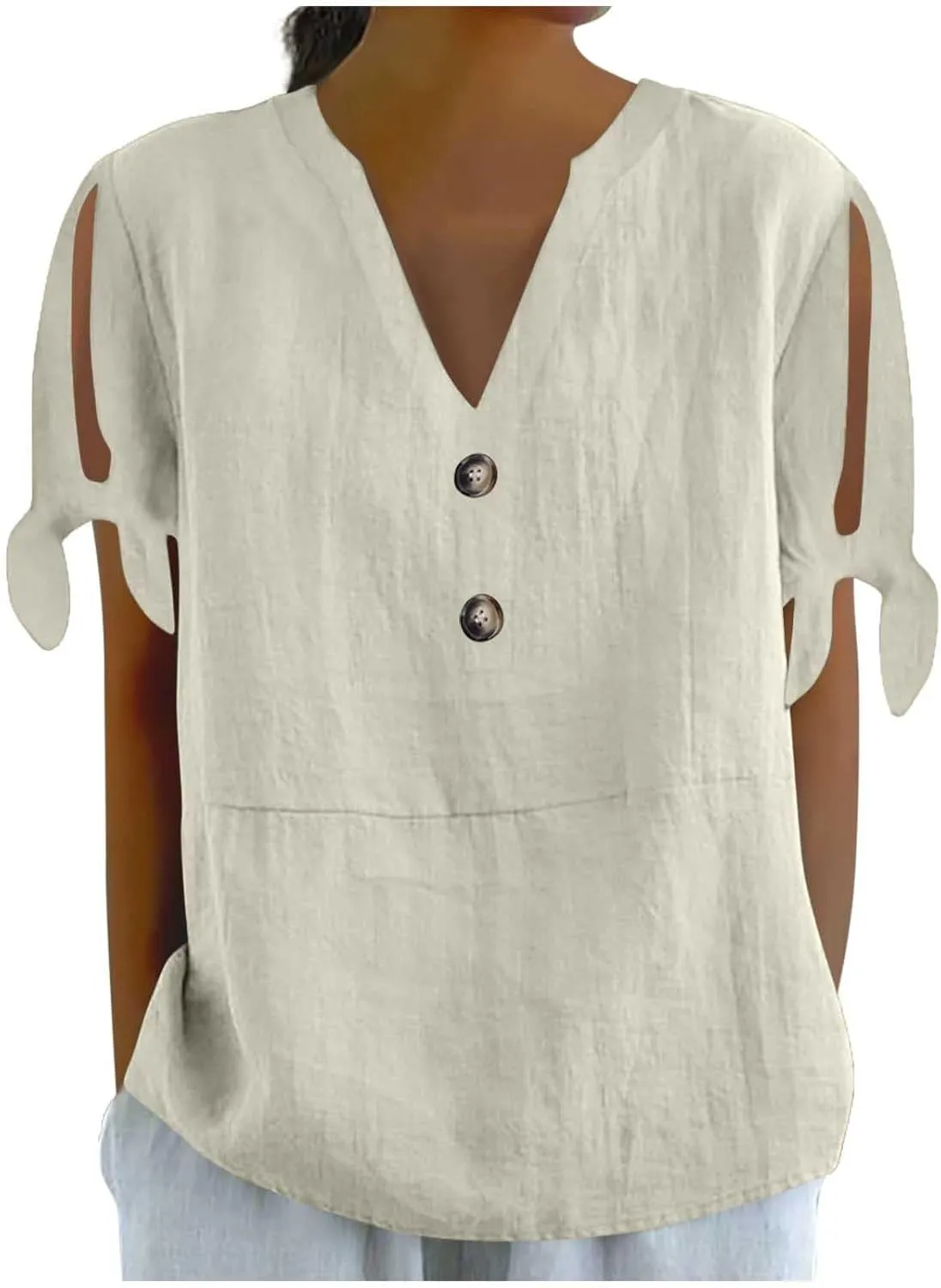 Cotton Linen Tops for Women 2025 Summer Henley V Neck Shirts Cutout Short Sleeve Tunic Gradient Floral Casual Tshirts