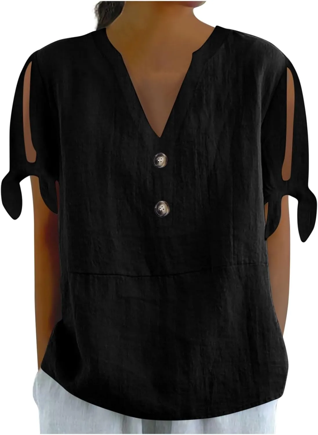 Cotton Linen Tops for Women 2025 Summer Henley V Neck Shirts Cutout Short Sleeve Tunic Gradient Floral Casual Tshirts