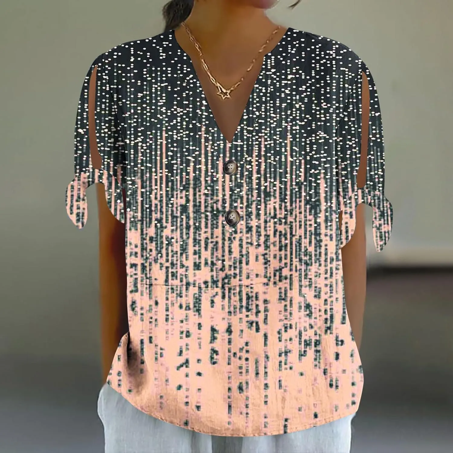 Cotton Linen Tops for Women 2025 Summer Henley V Neck Shirts Cutout Short Sleeve Tunic Gradient Floral Casual Tshirts