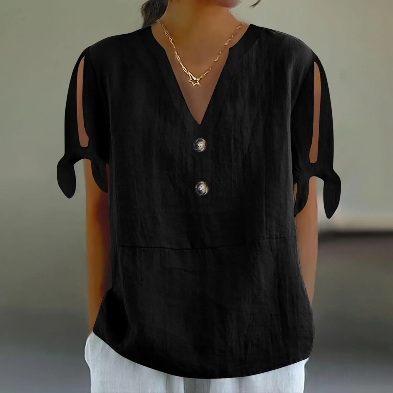 Cotton Linen Tops for Women 2025 Summer Henley V Neck Shirts Cutout Short Sleeve Tunic Gradient Floral Casual Tshirts
