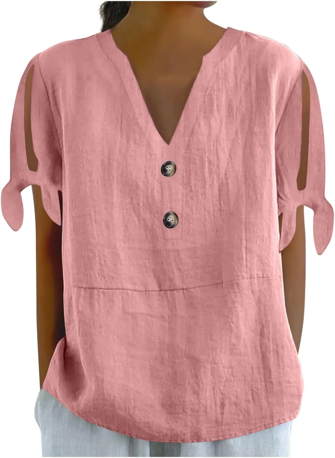 Cotton Linen Tops for Women 2025 Summer Henley V Neck Shirts Cutout Short Sleeve Tunic Gradient Floral Casual Tshirts