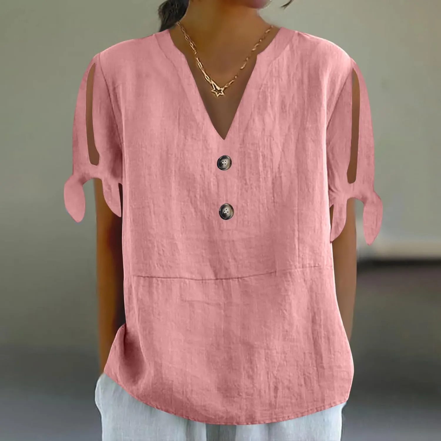 Cotton Linen Tops for Women 2025 Summer Henley V Neck Shirts Cutout Short Sleeve Tunic Gradient Floral Casual Tshirts