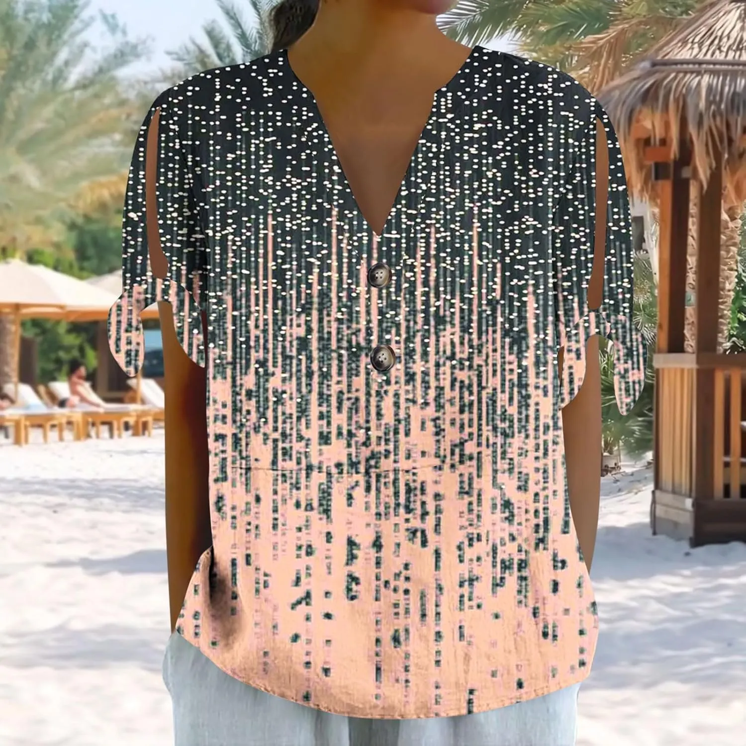 Cotton Linen Tops for Women 2025 Summer Henley V Neck Shirts Cutout Short Sleeve Tunic Gradient Floral Casual Tshirts