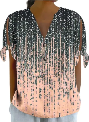 Cotton Linen Tops for Women 2025 Summer Henley V Neck Shirts Cutout Short Sleeve Tunic Gradient Floral Casual Tshirts