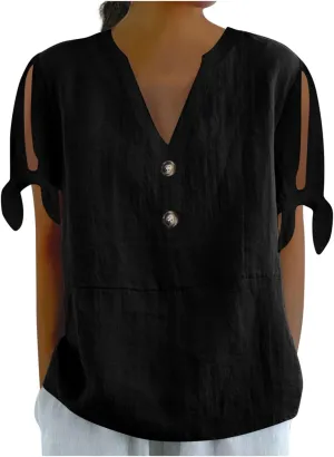 Cotton Linen Tops for Women 2025 Summer Henley V Neck Shirts Cutout Short Sleeve Tunic Gradient Floral Casual Tshirts
