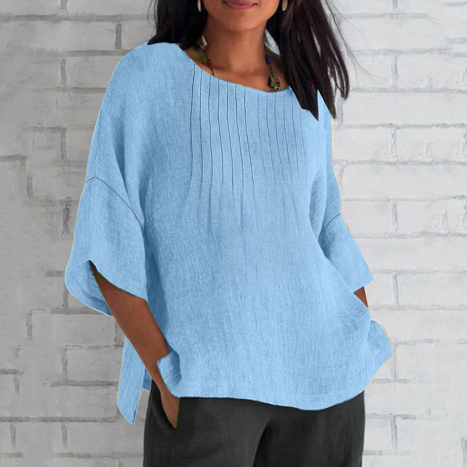 Cotton Linen Tops for Women Dressy Pleated 3/4 Sleeve Blouses Casual 2025 Summer Side Split Plus Size Tunic Tshirts