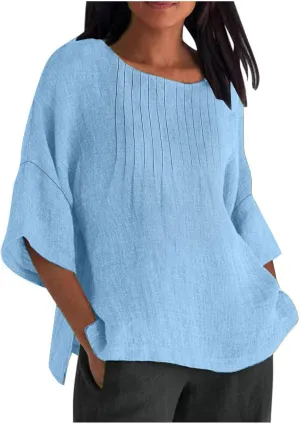 Cotton Linen Tops for Women Dressy Pleated 3/4 Sleeve Blouses Casual 2025 Summer Side Split Plus Size Tunic Tshirts