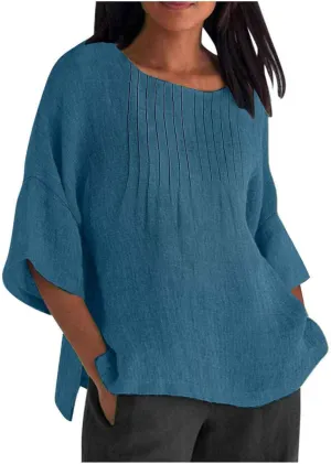 Cotton Linen Tops for Women Dressy Pleated 3/4 Sleeve Blouses Casual 2025 Summer Side Split Plus Size Tunic Tshirts