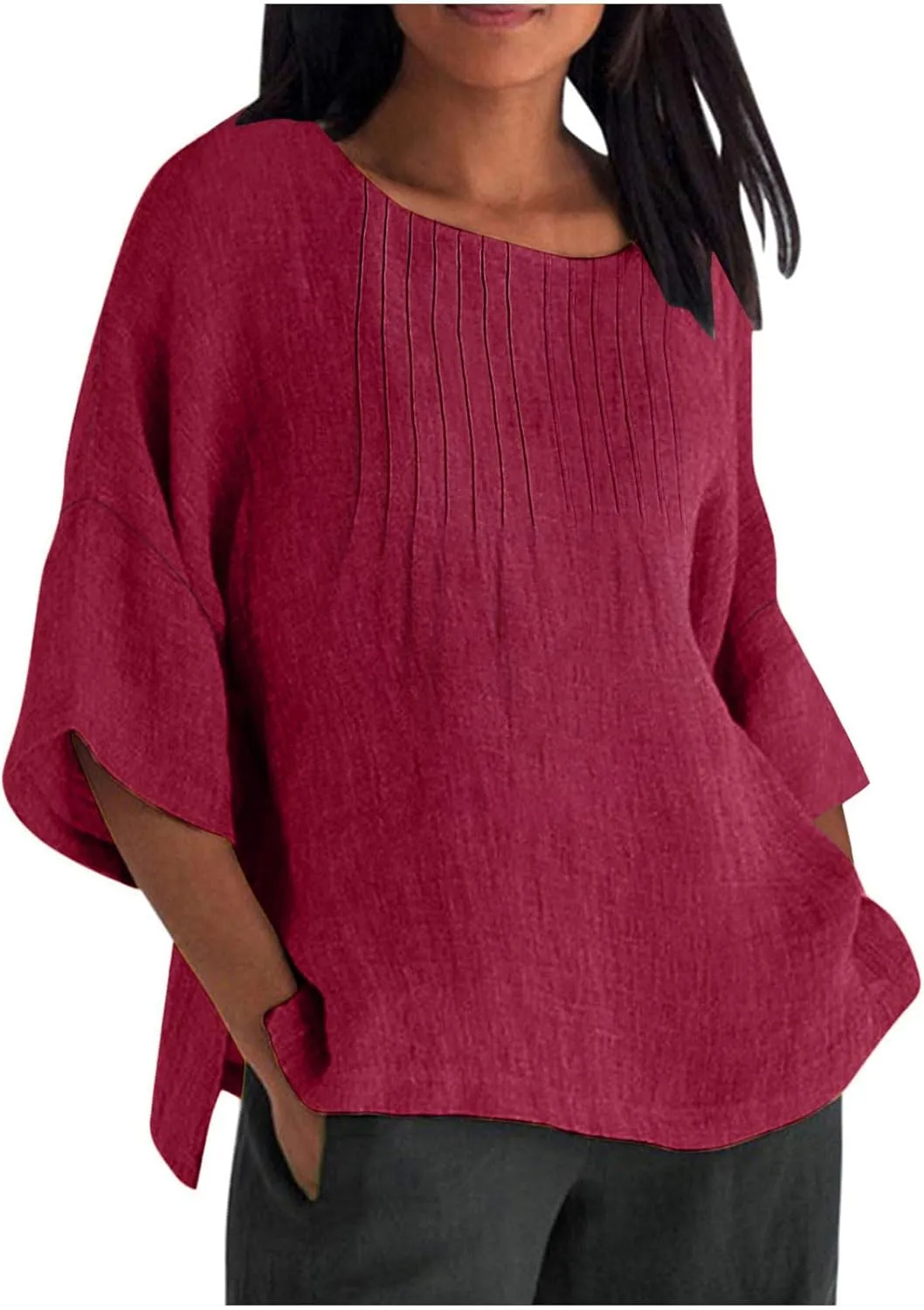 Cotton Linen Tops for Women Dressy Pleated 3/4 Sleeve Blouses Casual 2025 Summer Side Split Plus Size Tunic Tshirts