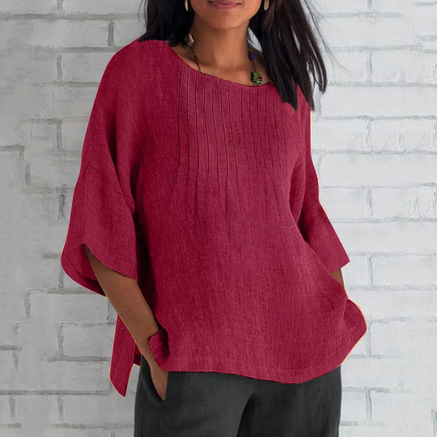 Cotton Linen Tops for Women Dressy Pleated 3/4 Sleeve Blouses Casual 2025 Summer Side Split Plus Size Tunic Tshirts