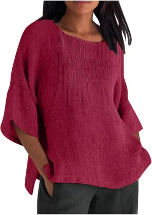 Cotton Linen Tops for Women Dressy Pleated 3/4 Sleeve Blouses Casual 2025 Summer Side Split Plus Size Tunic Tshirts