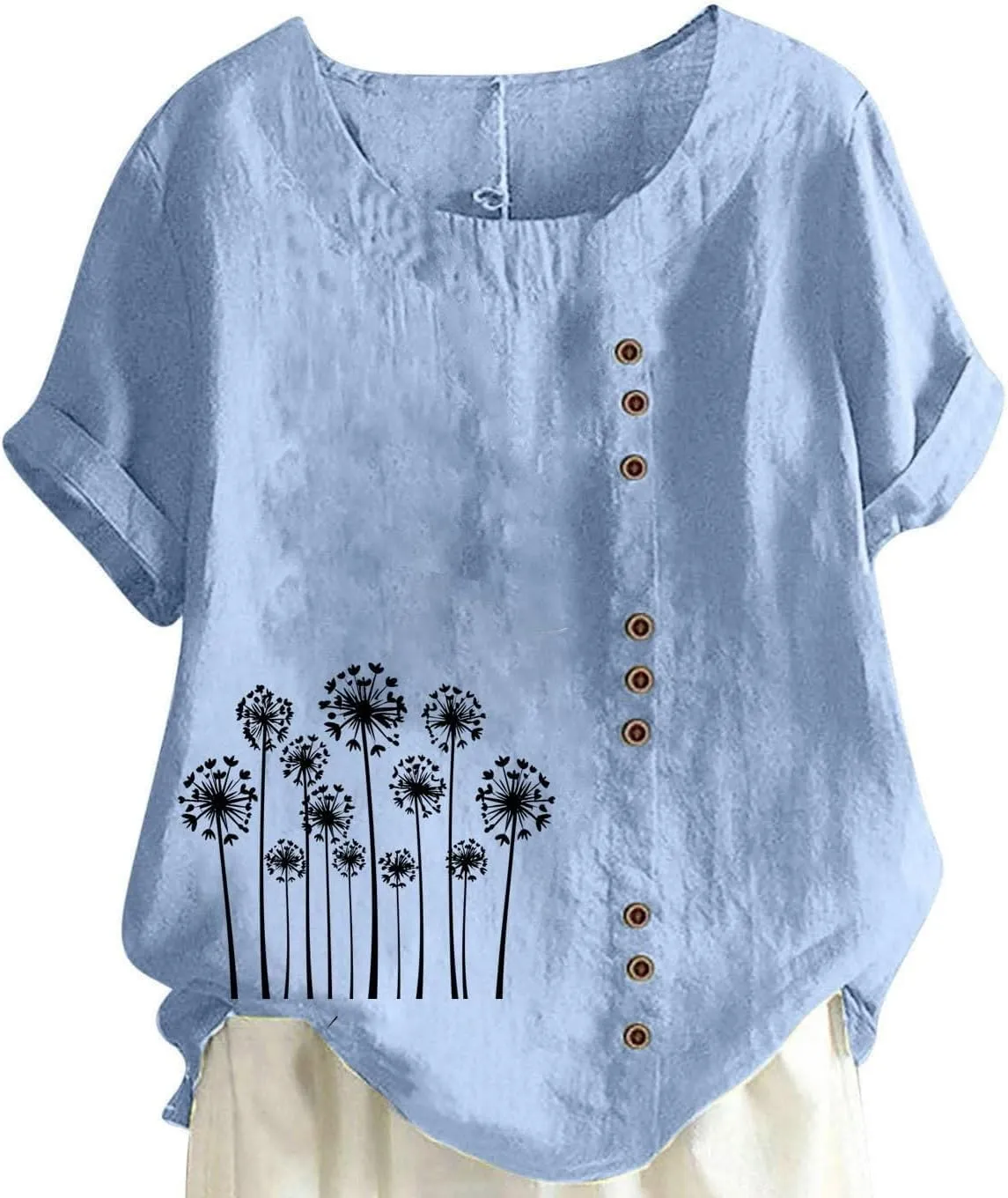 Cotton Linen Tops for Women Loose Fit Casual Roll Up Short Sleeve T-Shirt Trendy Cute Floral Print Blouse 2025 Summer