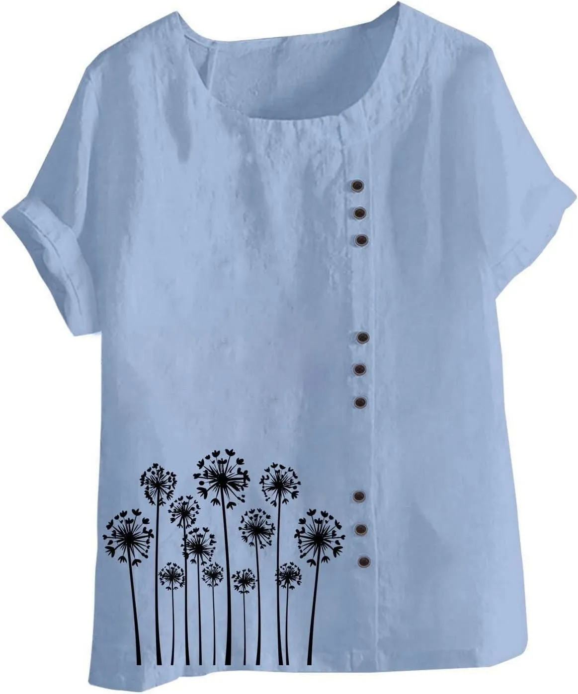 Cotton Linen Tops for Women Loose Fit Casual Roll Up Short Sleeve T-Shirt Trendy Cute Floral Print Blouse 2025 Summer