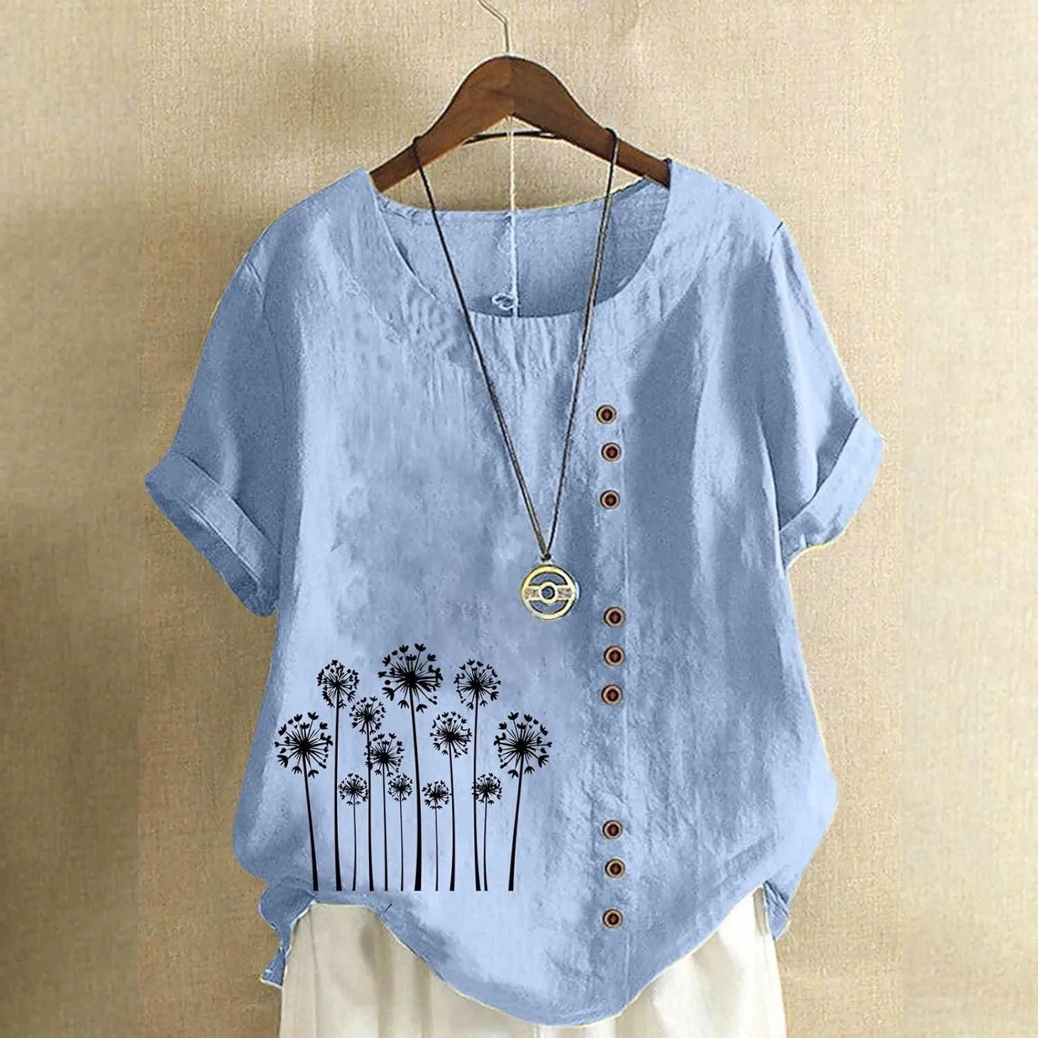 Cotton Linen Tops for Women Loose Fit Casual Roll Up Short Sleeve T-Shirt Trendy Cute Floral Print Blouse 2025 Summer