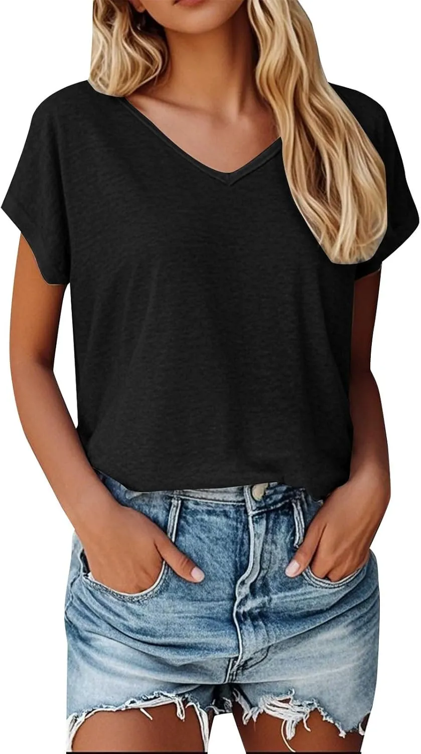 Cotton Shirts for Women Vneck Short Sleeve Tunic Tops Casual Summer Loose Fit Breathable Outdoor Street Tshirts 2025