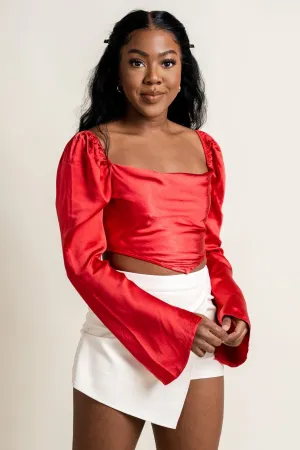 Cowl neck long sleeve crop blouse wine