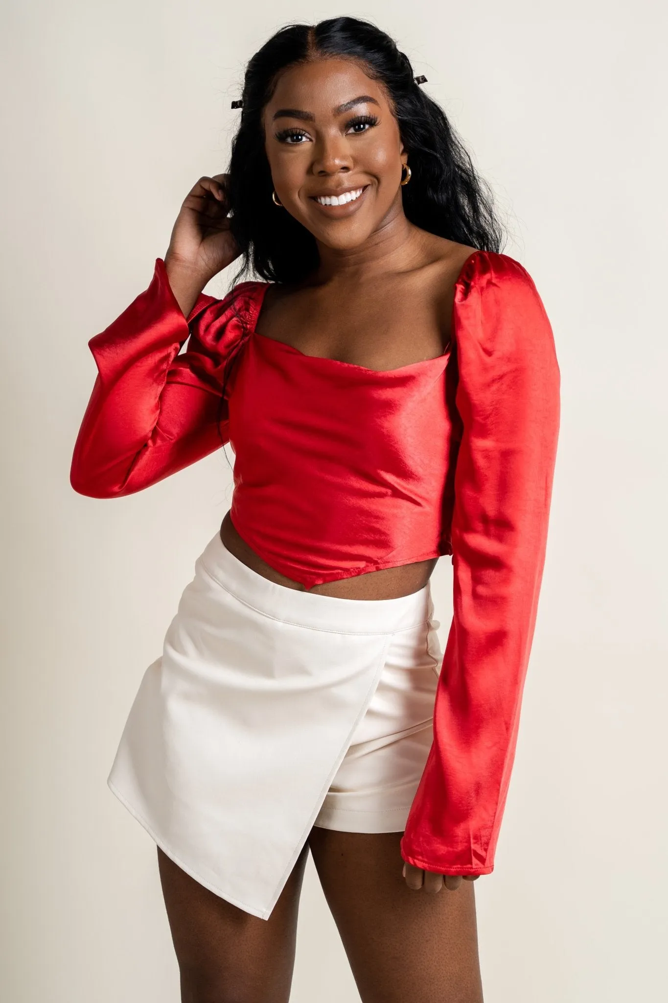 Cowl neck long sleeve crop blouse wine