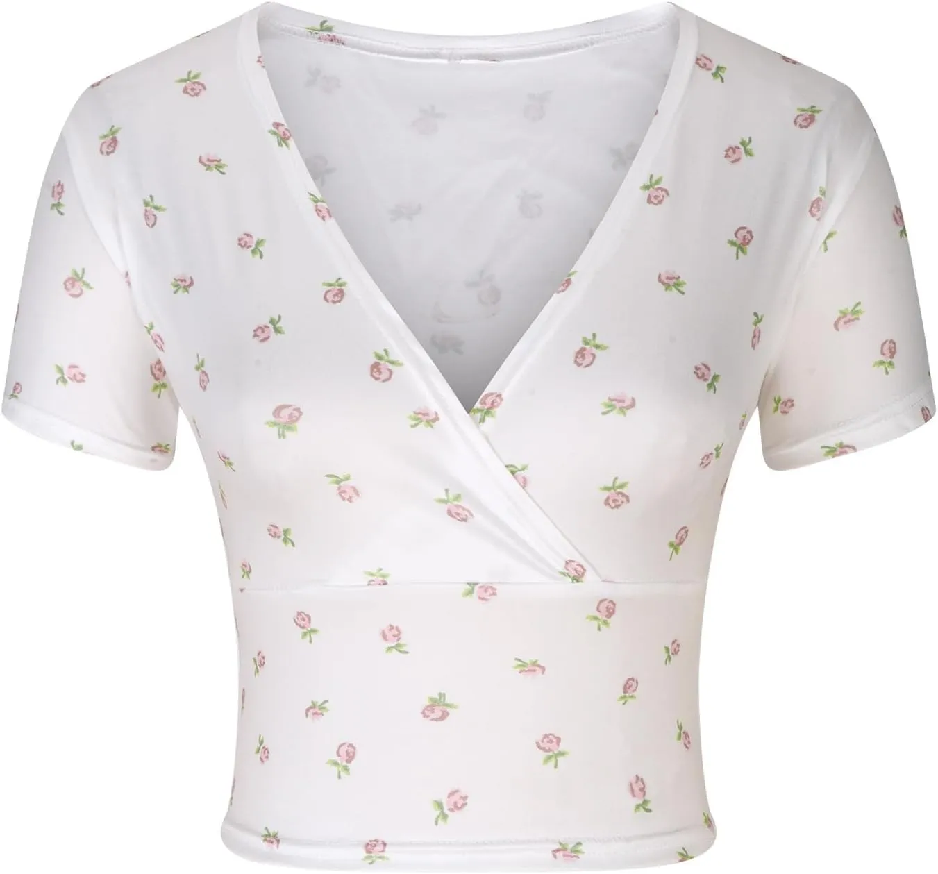 Crop Tops for Women Trendy Short Sleeve Wrap V Neck Floral Print Slim Fit Tees Sexy Casual Summer Going Out Y2k Shirt