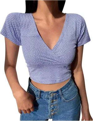 Crop Tops for Women Trendy Short Sleeve Wrap V Neck Floral Print Slim Fit Tees Sexy Casual Summer Going Out Y2k Shirt