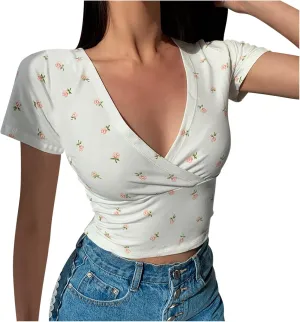 Crop Tops for Women Trendy Short Sleeve Wrap V Neck Floral Print Slim Fit Tees Sexy Casual Summer Going Out Y2k Shirt