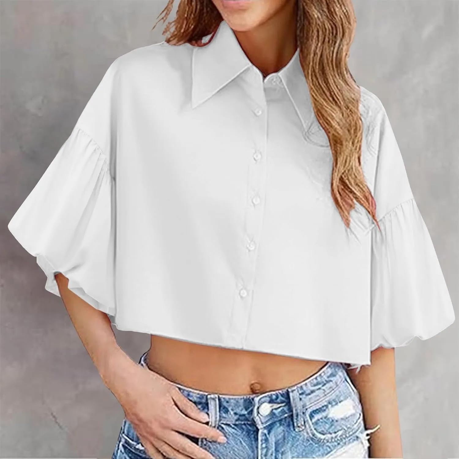 Cropped Shirts for Women Lapel Button Puffed Sleeves Blouse Thin Lightweight Breathable Summer Street Travel Outfits