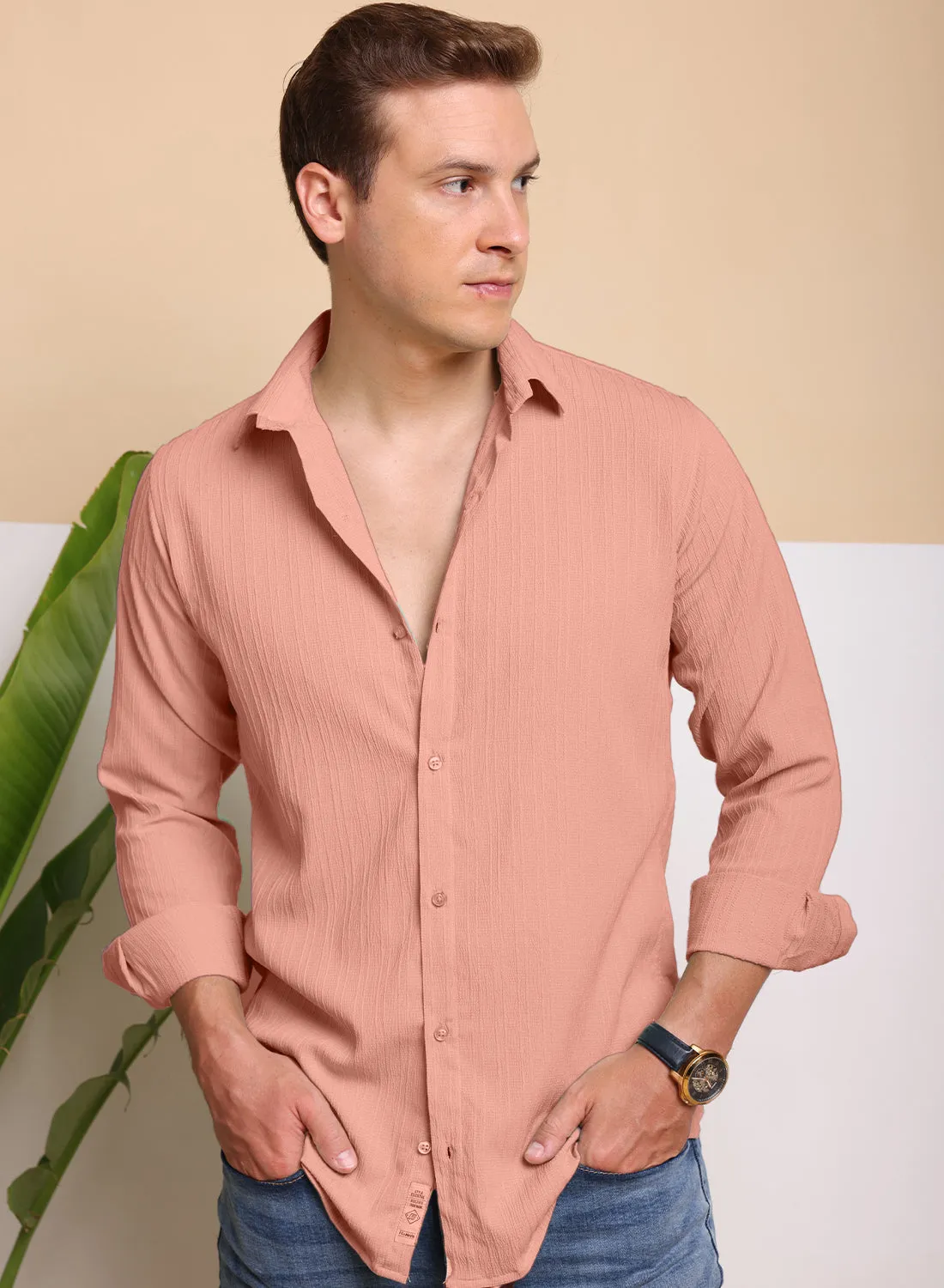 Crushed Self Stripe Peach Shirt