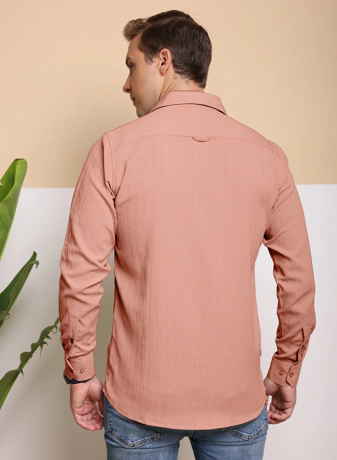 Crushed Self Stripe Peach Shirt