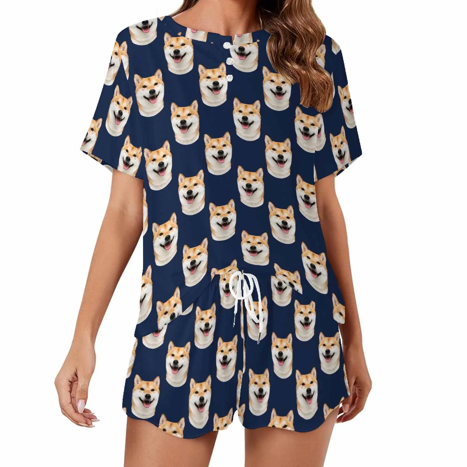 Custom Dog Faces Women Short Pajama Set Personalized Picture Short Nightwear for GF Wife Valentine Gift for Her