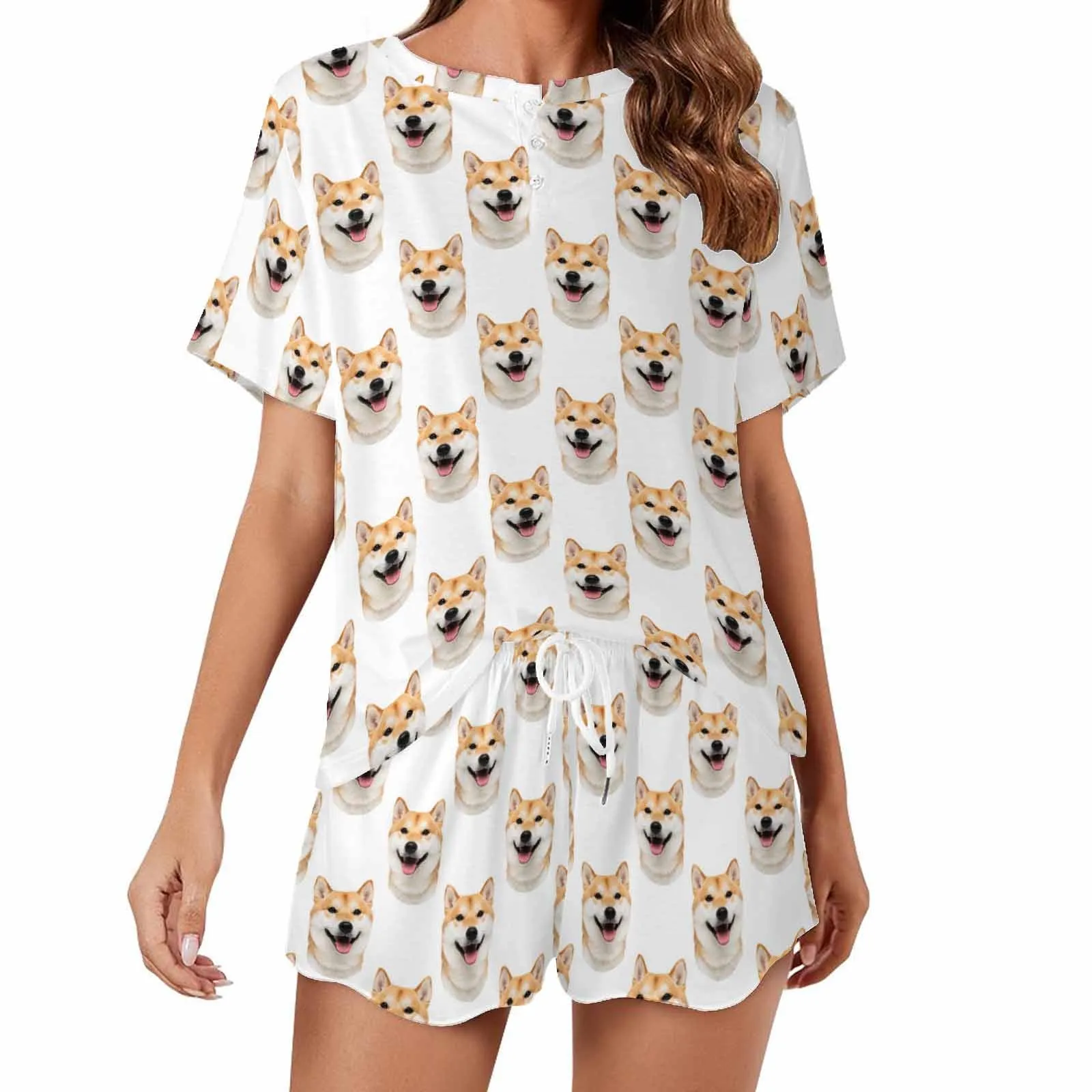 Custom Dog Faces Women Short Pajama Set Personalized Picture Short Nightwear for GF Wife Valentine Gift for Her
