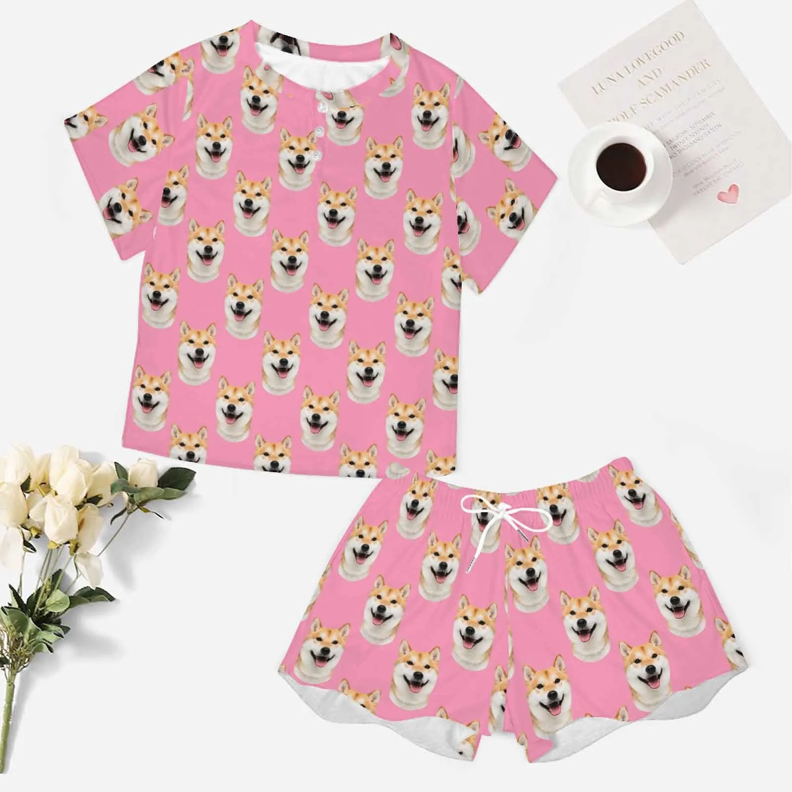 Custom Dog Faces Women Short Pajama Set Personalized Picture Short Nightwear for GF Wife Valentine Gift for Her