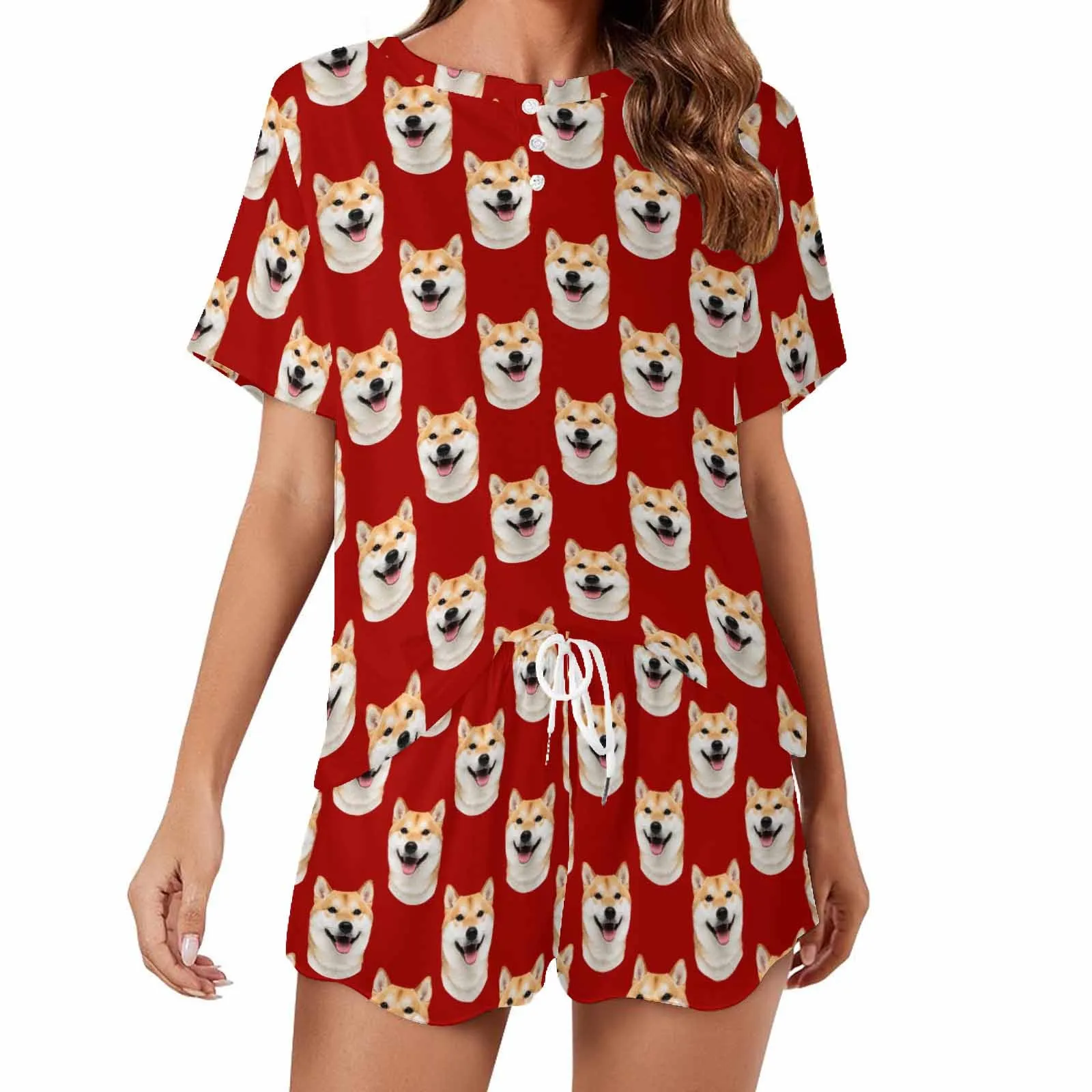 Custom Dog Faces Women Short Pajama Set Personalized Picture Short Nightwear for GF Wife Valentine Gift for Her