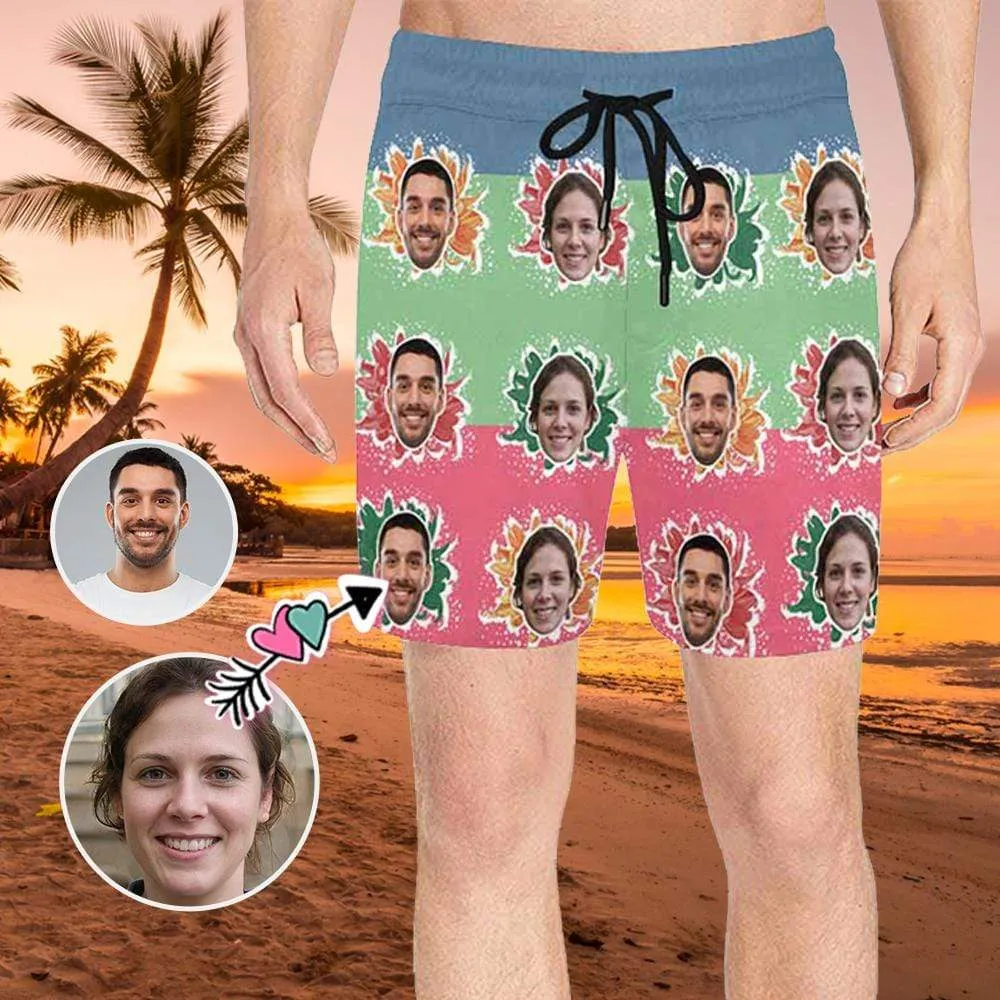 Custom Face Drawstring Swim Trunks Personalized Face Colorful Flowers Men's Quick Dry Swim Shorts Gift for Valentine's Day