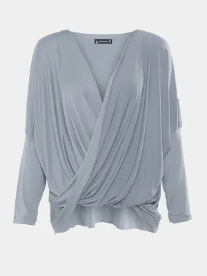 Custom V-Neck Crossed Front Pleated Long Sleeve Irregular Hem Grey T-Shirts