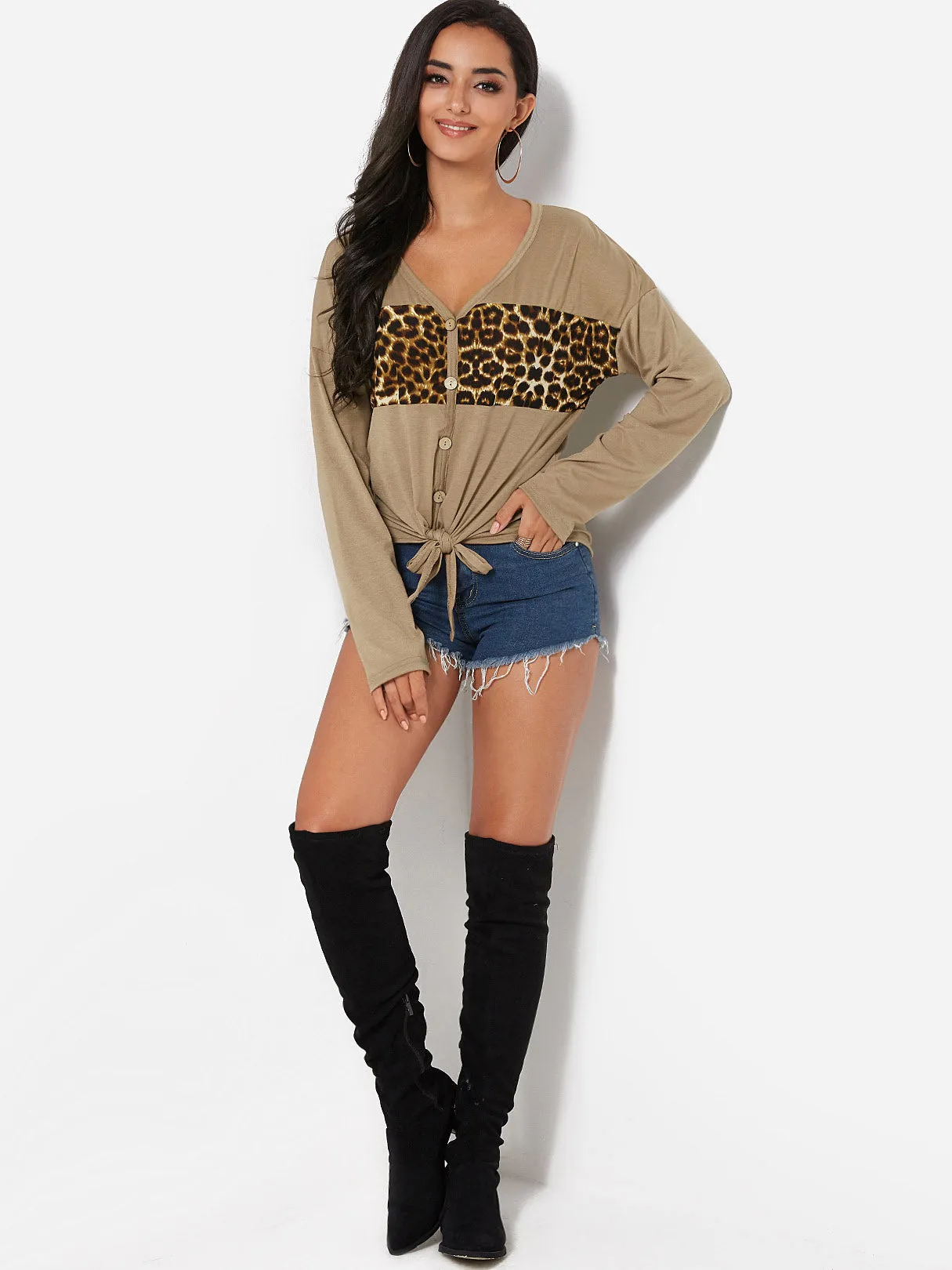 Custom V-Neck Leopard Khaki T-Shirts