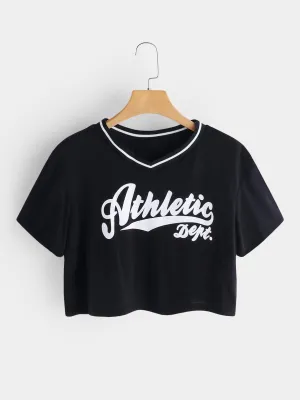 Custom V-Neck Letter Printed Short Sleeve Black T-Shirts