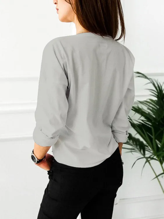 Custom V-Neck Long Sleeve Sequins Pocket Grey T-Shirts