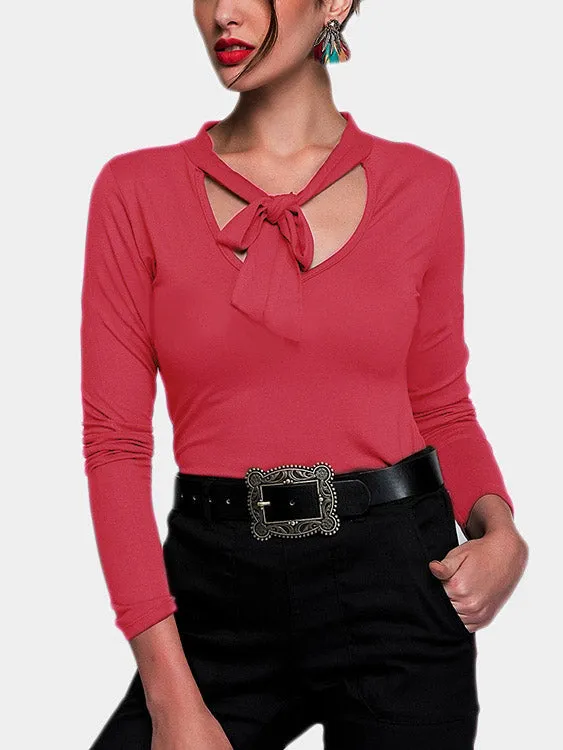 Custom V-Neck Long Sleeves Self-tie Design T-shirt