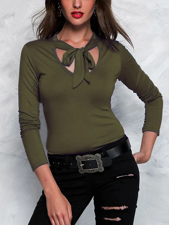 Custom V-Neck Long Sleeves Self-tie Design T-shirt