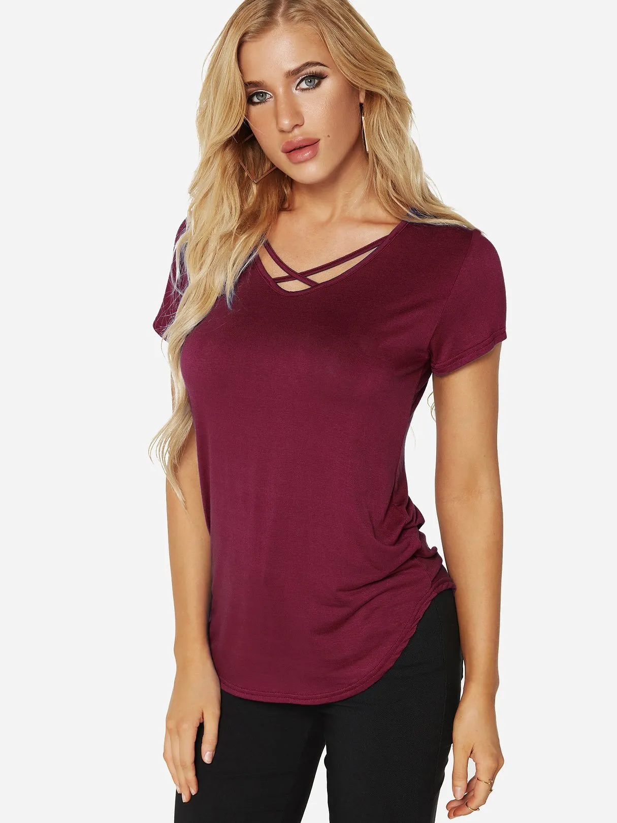 Custom V-Neck Plain Crossed Front Short Sleeve Tee