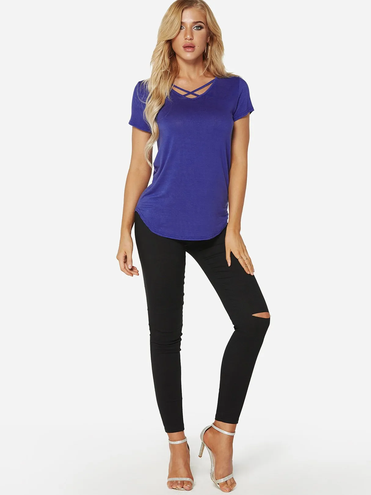Custom V-Neck Plain Crossed Front Short Sleeve Tee
